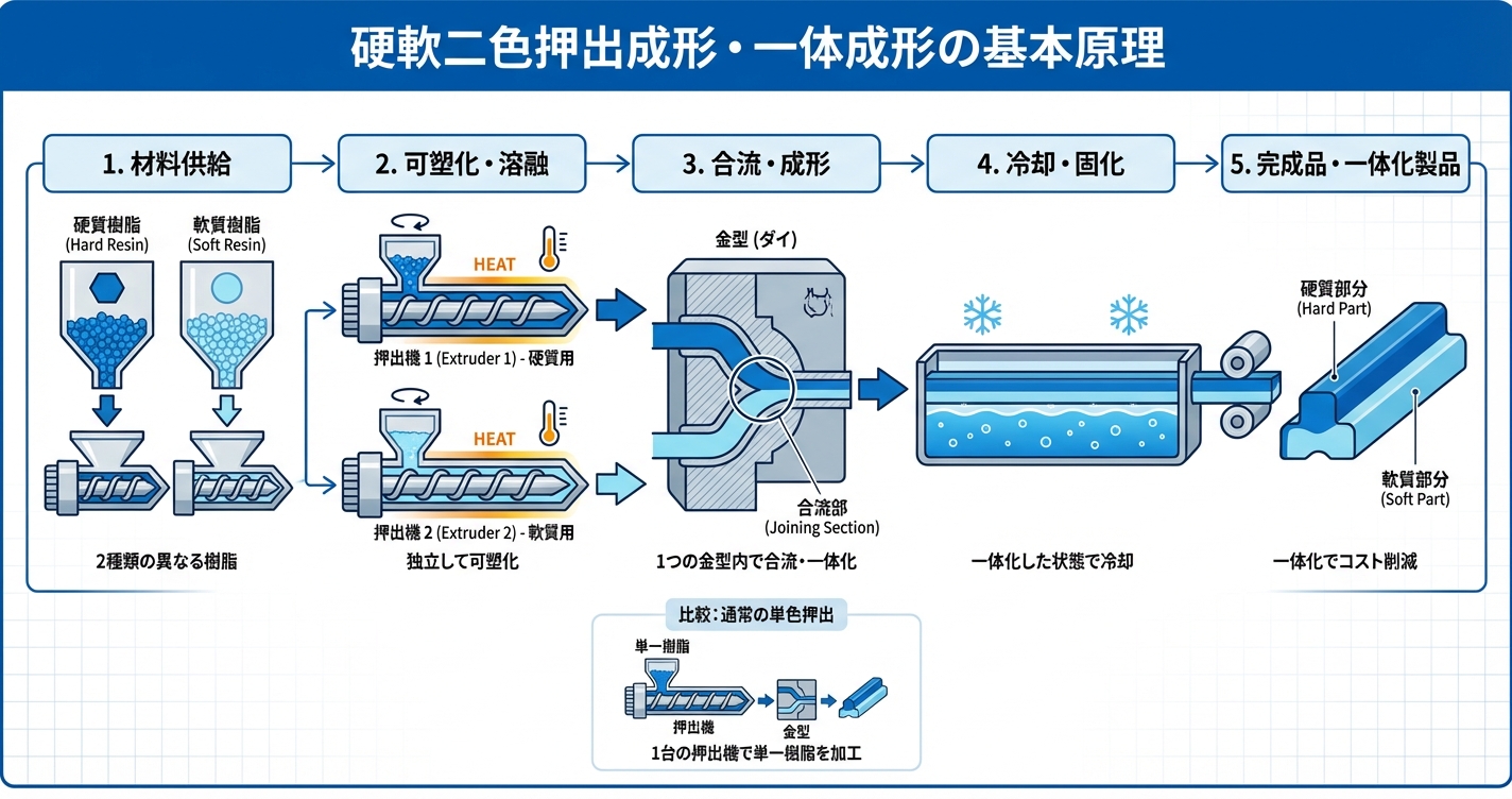 硬軟二色押出成形とは？一体化でコスト削減 - 二色押出成形とは？基本の仕組みを解説のインフォグラフィック