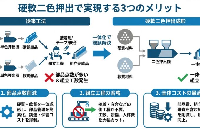 硬軟二色押出成形とは？一体化でコスト削減｜押出成形.com｜プラスチック押出成形の試作・量産・二次加工