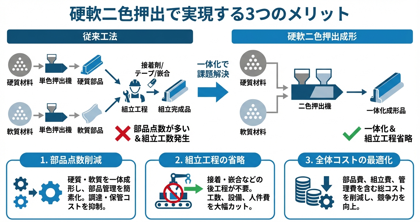 硬軟二色押出成形とは？一体化でコスト削減 - 一体成形で実現する3つのコスト削減効果のインフォグラフィック