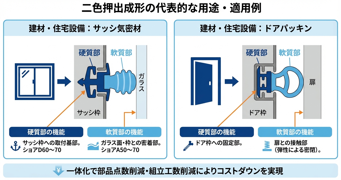 硬軟二色押出成形とは？一体化でコスト削減 - 硬質軟質一体化が広げる設計自由度のインフォグラフィック