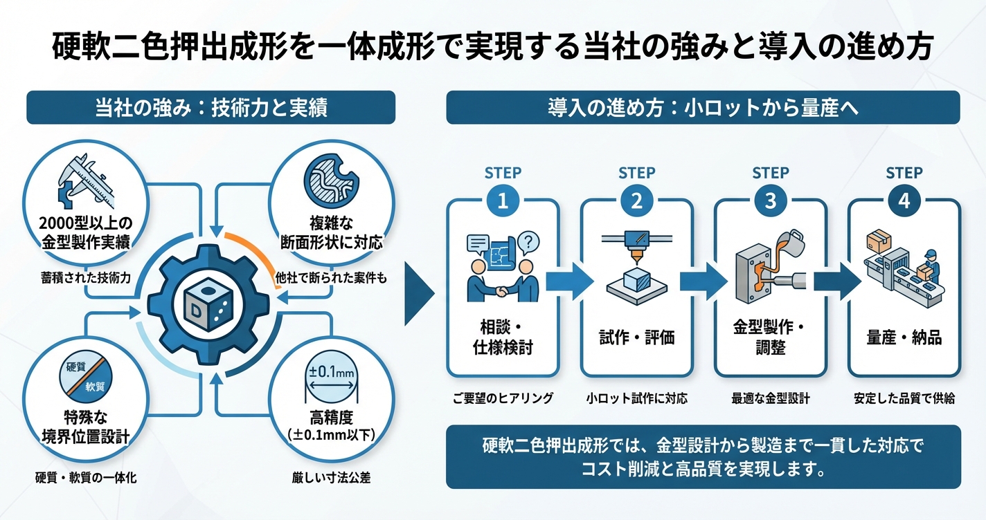 硬軟二色押出成形とは？一体化でコスト削減 - 硬軟二色押出成形を一体成形で実現する当社の強みと導入の進め方のインフォグラフィック