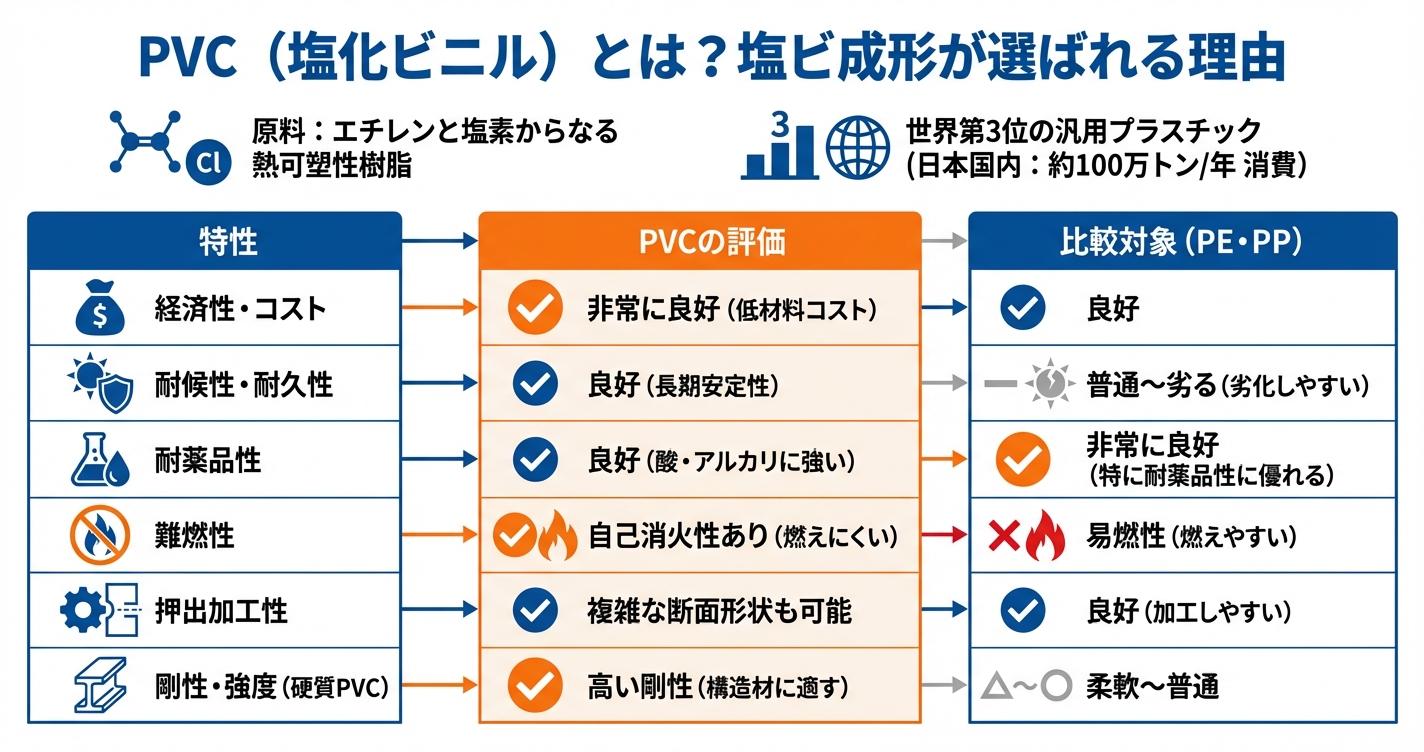 PVC押出成形の特性と設計注意点 - PVC(塩化ビニル)とは?塩ビ成形が選ばれる理由のインフォグラフィック