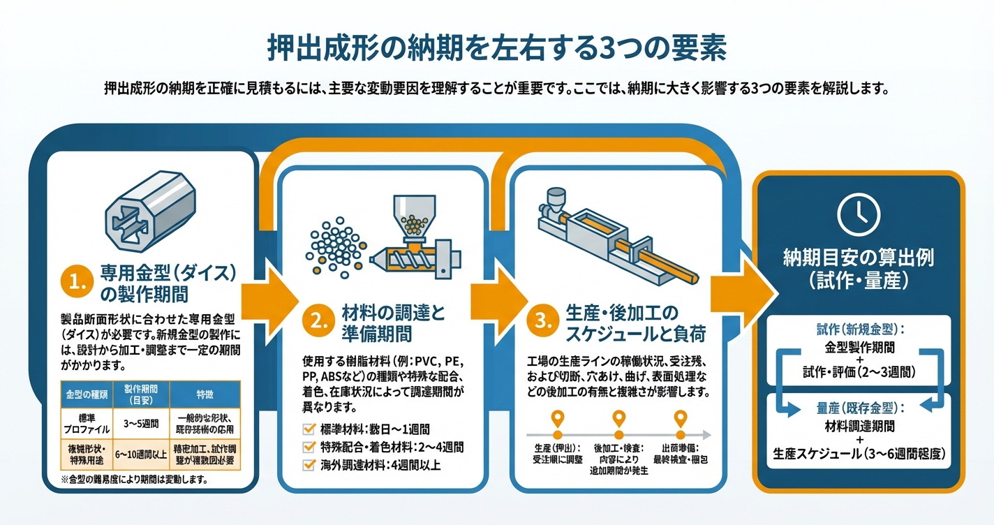押出成形の納期はどれくらい？試作・量産別スケジュール - 押出成形の納期を左右する3つの要素のインフォグラフィック
