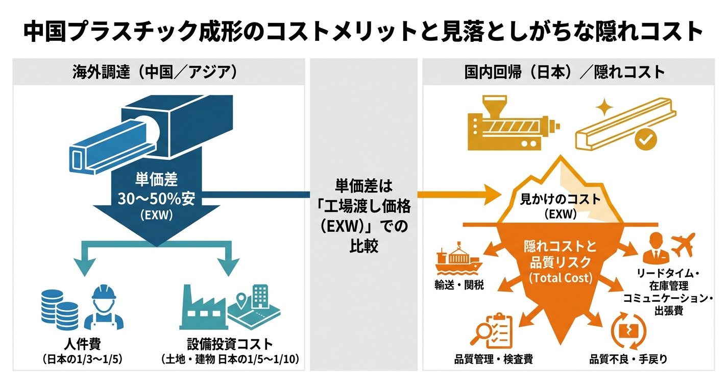 押出成形の海外調達vs国内回帰：コスト差と品質リスク - 中国プラスチック成形のコストメリットと見落としがちな隠れコストのインフォグラフィック