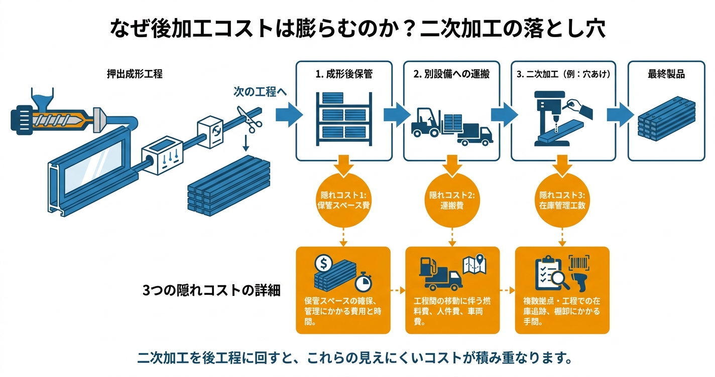 押出成形の二次加工設計：後から穴を開けるな - なぜ後加工コストは膨らむのか？二次加工の落とし穴のインフォグラフィック