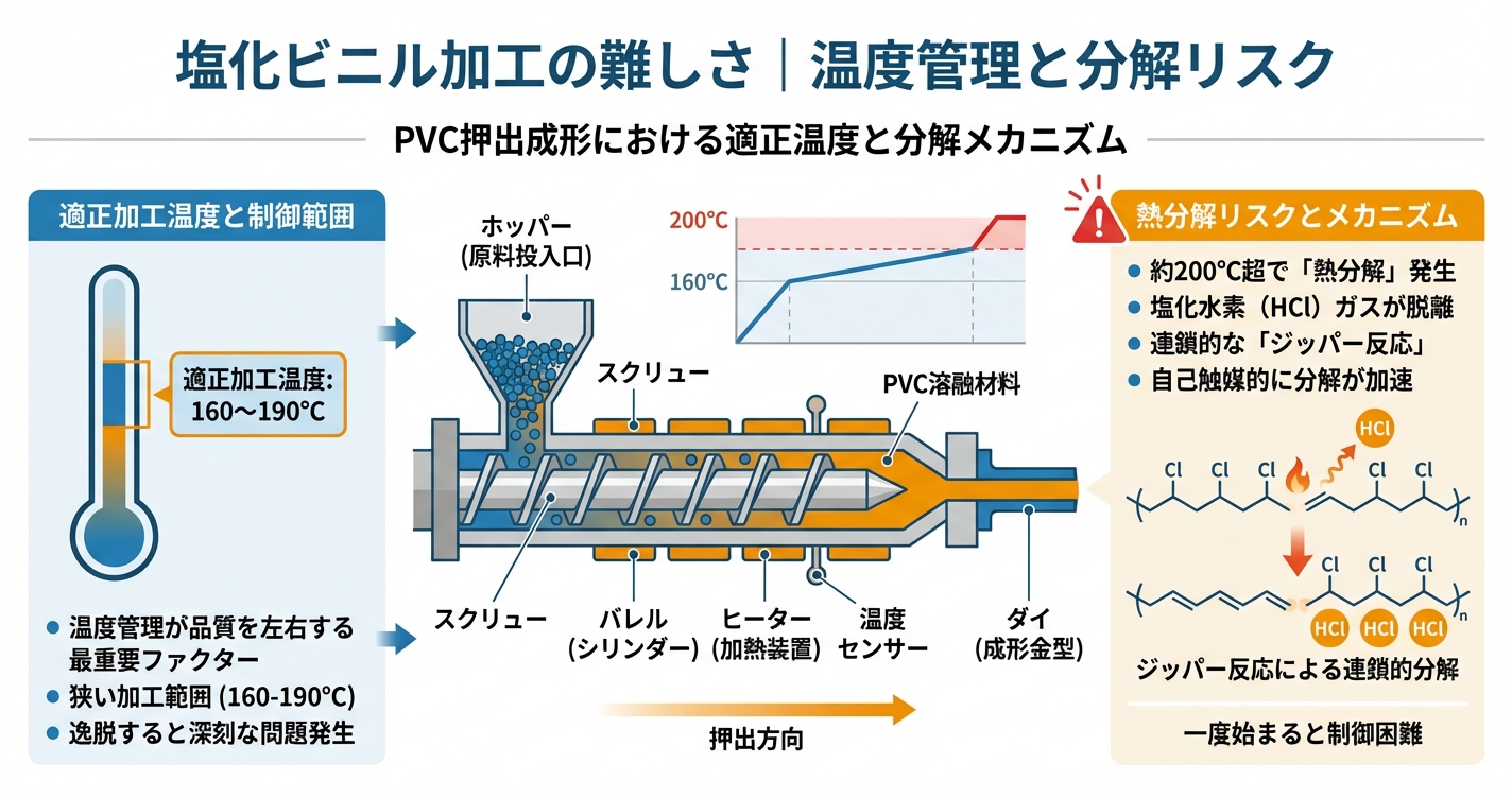 PVC押出成形の特性と設計注意点 - 塩化ビニル加工の難しさ|温度管理と分解リスクのインフォグラフィック
