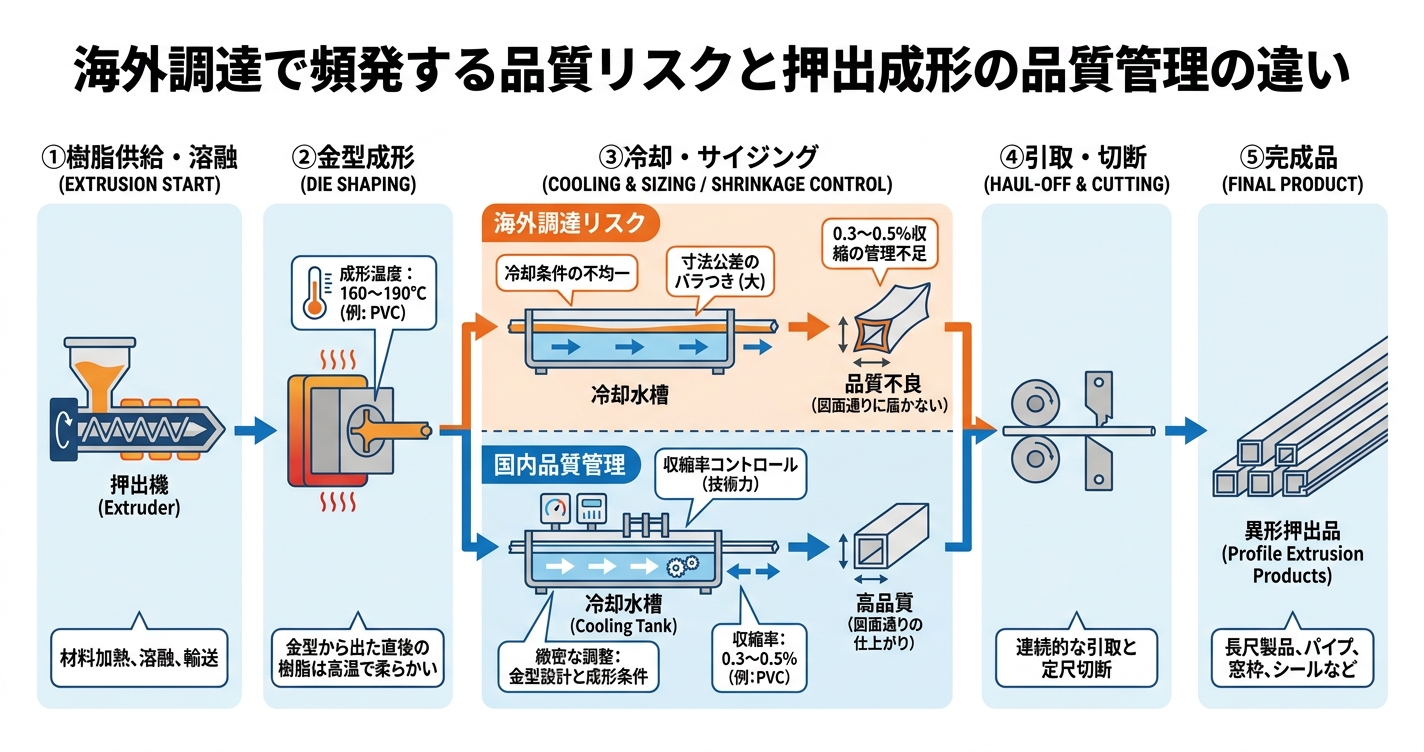 押出成形の海外調達vs国内回帰：コスト差と品質リスク - 海外調達で頻発する品質リスクと押出成形の品質管理の違いのインフォグラフィック