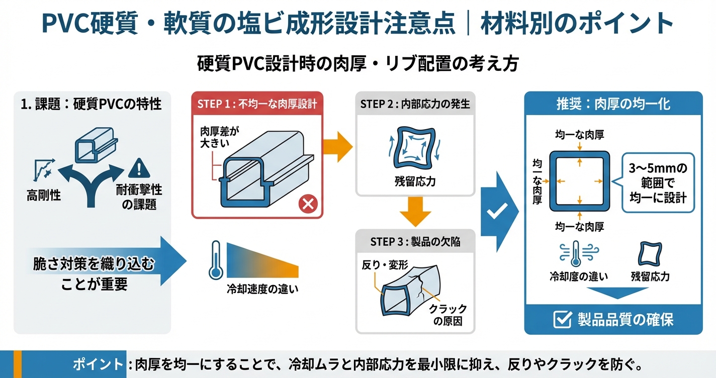 PVC押出成形の特性と設計注意点 - PVC硬質・軟質の塩ビ成形設計注意点|材料別のポイントのインフォグラフィック