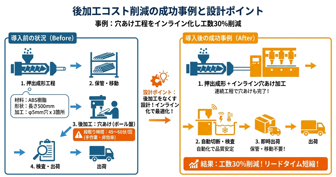 押出成形の二次加工設計：後から穴を開けるな - 後加工コスト削減の成功事例と設計ポイントのインフォグラフィック