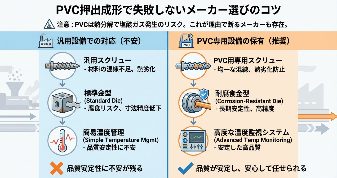 PVC押出成形の特性と設計注意点 - PVC押出成形で失敗しないメーカー選びのコツのインフォグラフィック