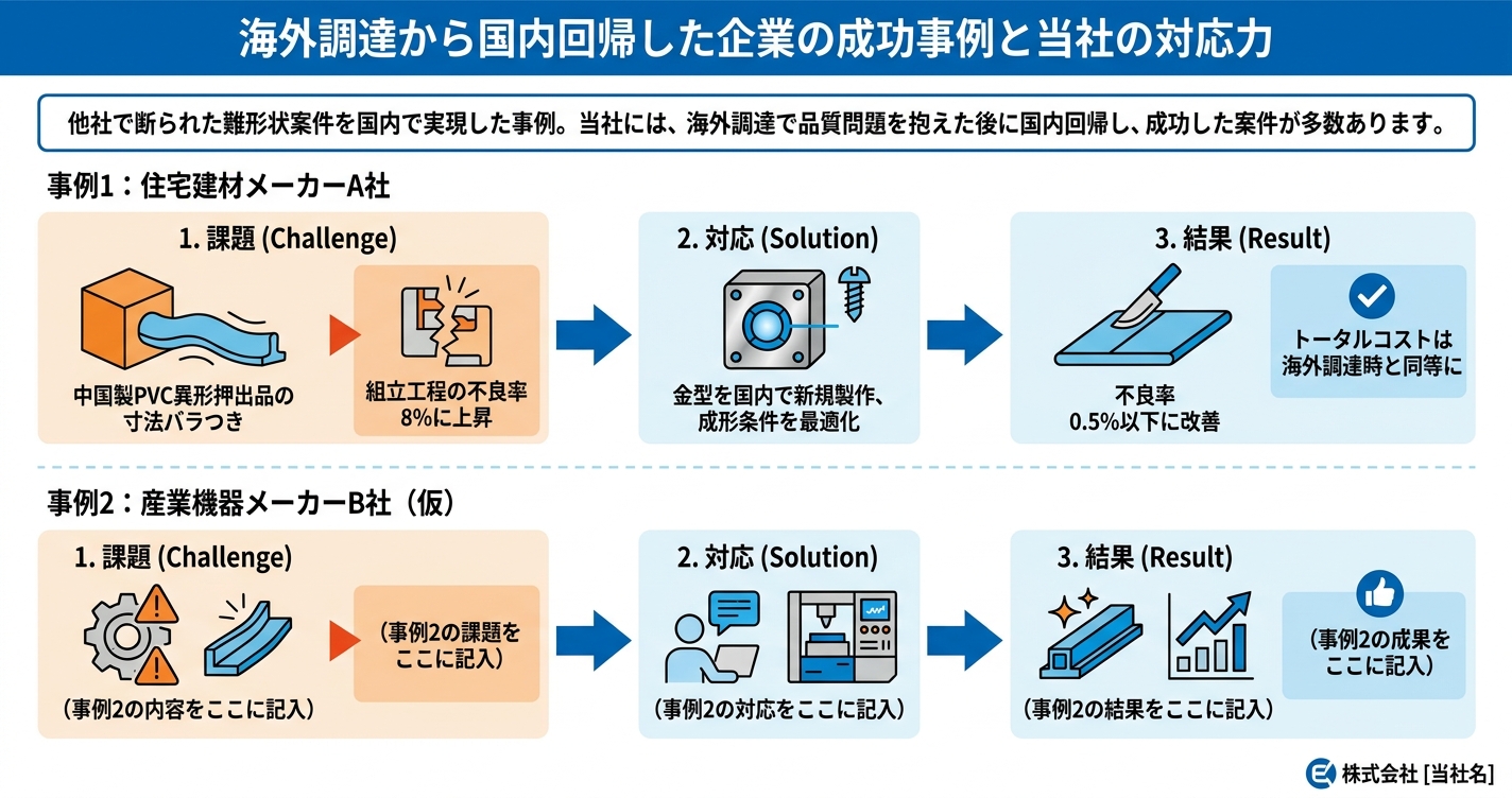 押出成形の海外調達vs国内回帰：コスト差と品質リスク - 海外調達から国内回帰した企業の成功事例と当社の対応力のインフォグラフィック