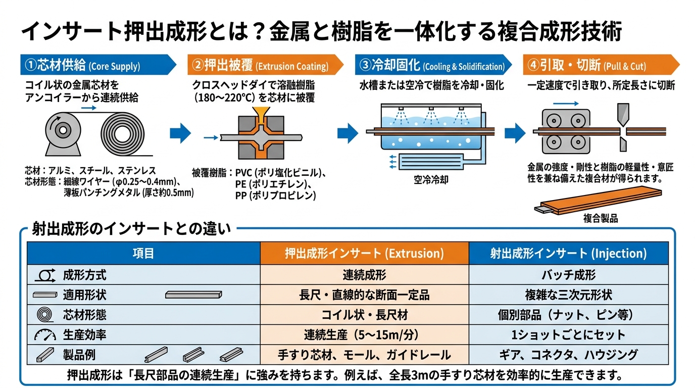 金属インサート成形の設計ポイント - インサート押出成形とは？金属と樹脂を一体化する複合成形技術のイメージ画像