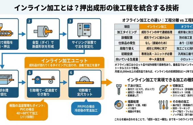 インライン加工とは？成形と同時加工で後工程を消す｜押出成形.com｜プラスチック押出成形の試作・量産・二次加工