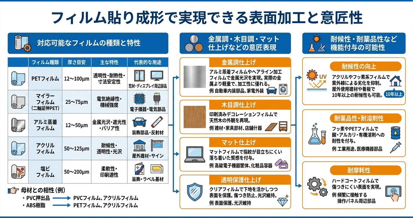 フィルム貼り成形とは？仕組みとメリット - フィルム貼り成形で実現できる表面加工と意匠性のインフォグラフィック