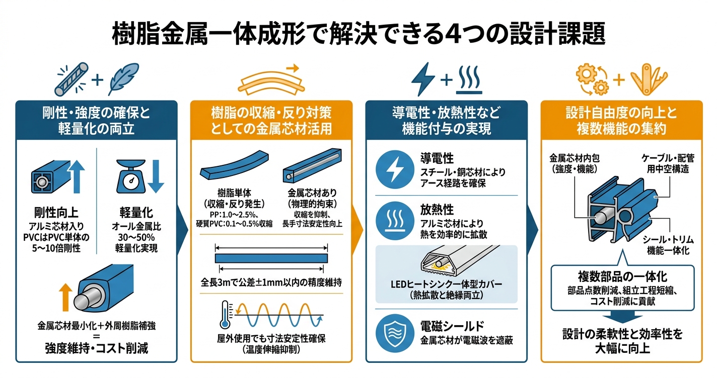 金属インサート成形の設計ポイント - 樹脂金属一体成形で解決できる4つの設計課題のインフォグラフィック