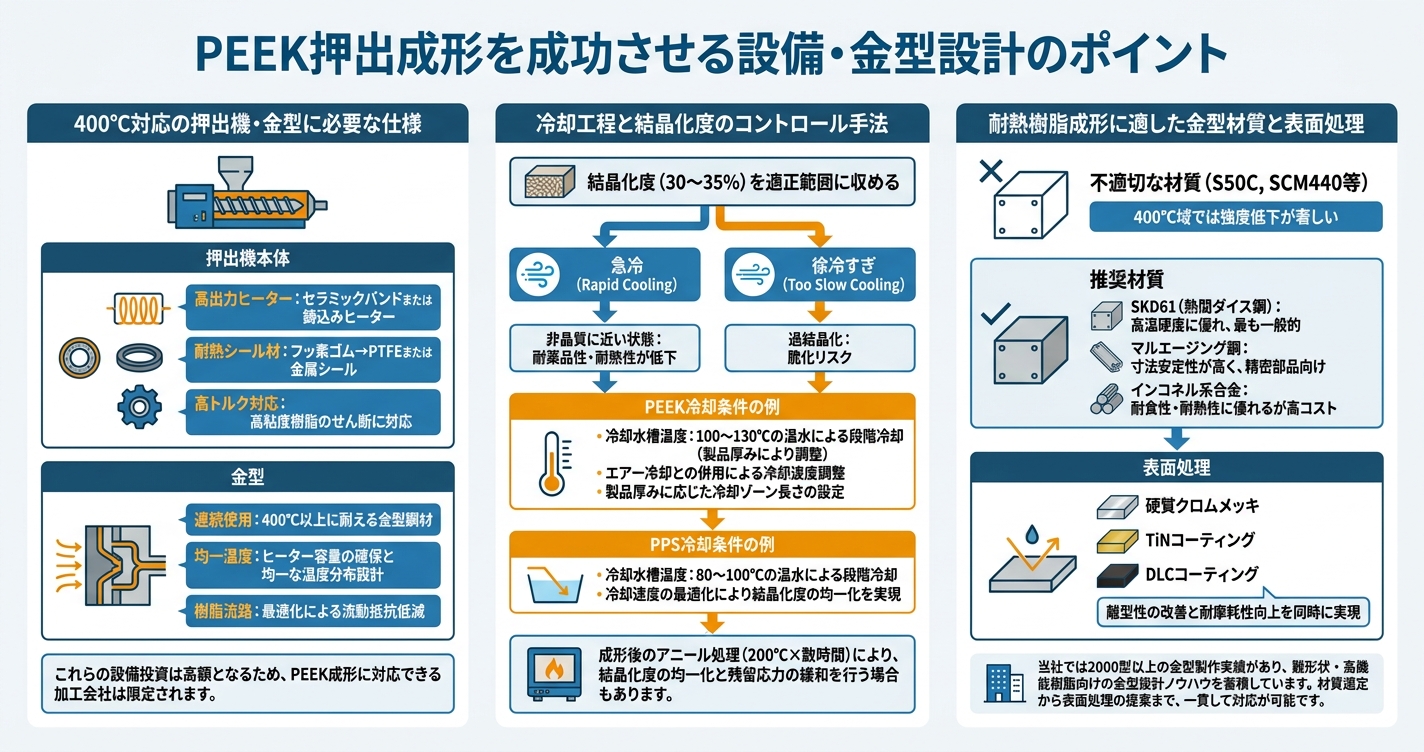PEEK・PPS押出成形の難しさと解決法 - PEEK押出成形を成功させる設備・金型設計のポイントのインフォグラフィック