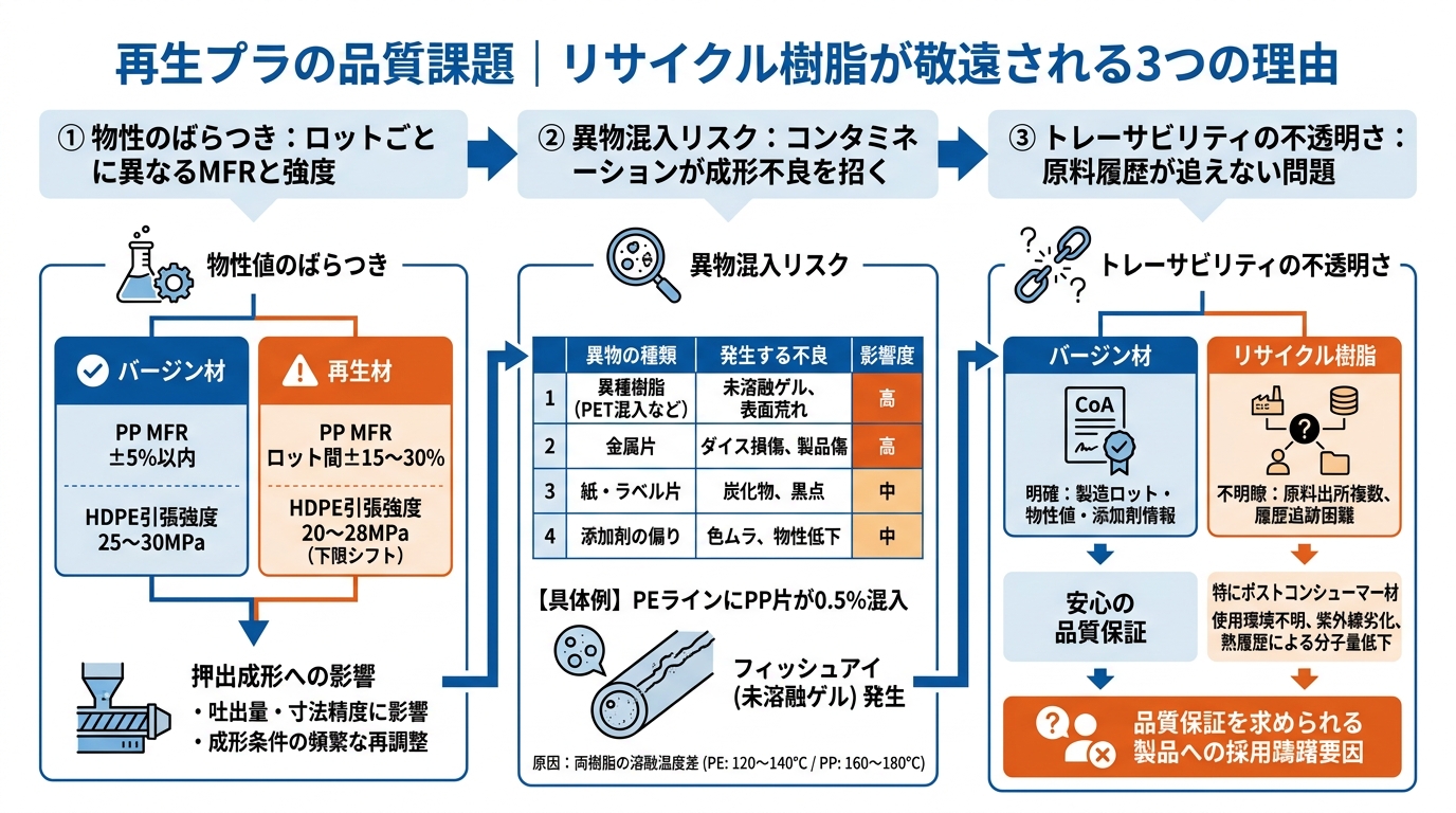 リサイクル樹脂×押出成形で品質を担保する技術 - 再生プラの品質課題|リサイクル樹脂が敬遠される3つの理由のインフォグラフィック