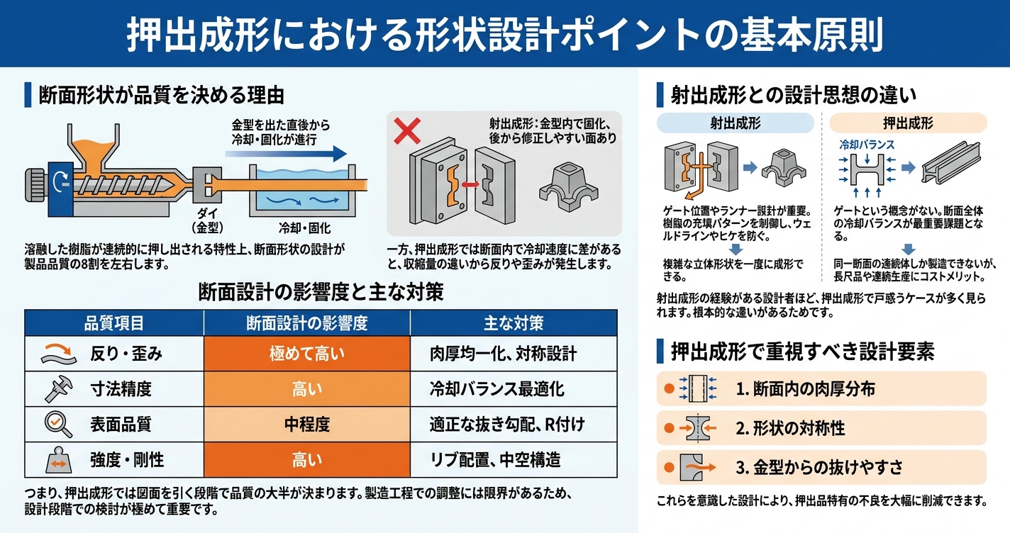 押出成形の形状設計のコツ：反りにくい断面設計 - 押出成形における形状設計ポイントの基本原則のインフォグラフィック