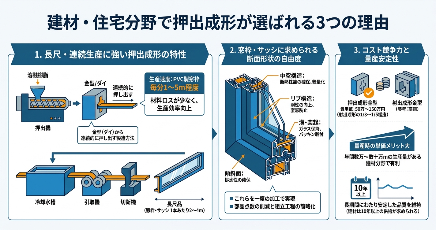 建材向け押出成形|窓枠・サッシ設計の要点 - 建材・住宅分野で押出成形が選ばれる3つの理由のインフォグラフィック