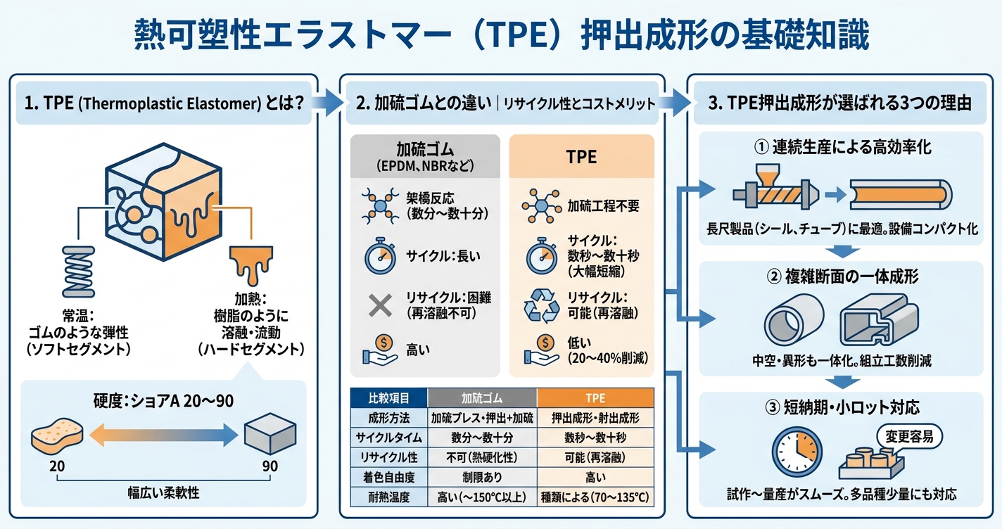 TPE押出成形とは?特性と設計ポイント - 熱可塑性エラストマー(TPE)押出成形の基礎知識のインフォグラフィック