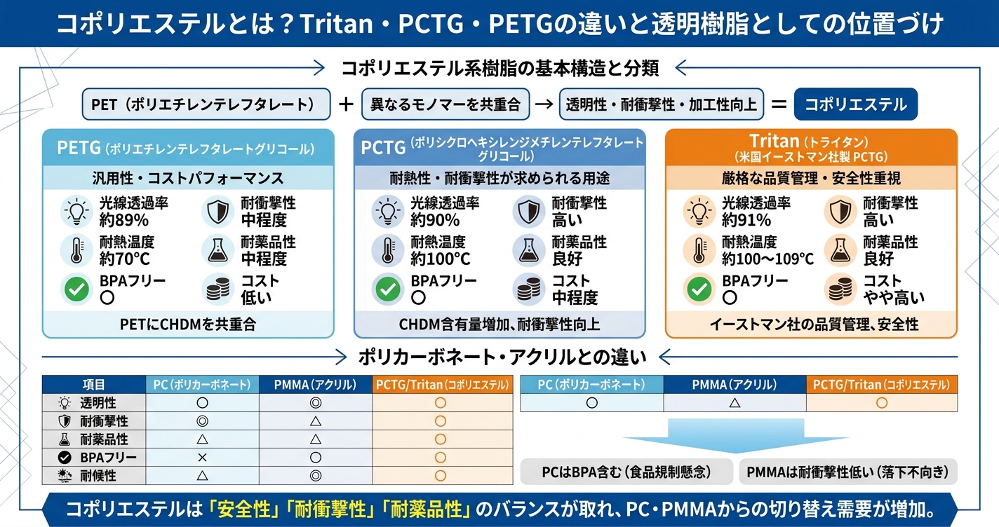 コポリエステル押出成形とは?Tritan・PCTGの特性と加工注意点 - コポリエステルとは?Tritan・PCTG・PETGの違いと透明樹脂としての位置づけのインフォグラフィック