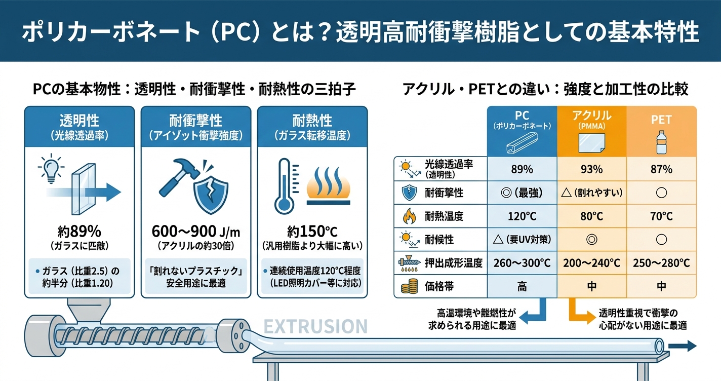 PC押出成形とは？高透明・高耐衝撃材料の特性と設計ポイント - ポリカーボネート（PC）とは？透明高耐衝撃樹脂としての基本特性のインフォグラフィック
