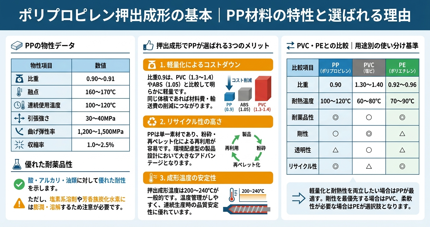 PP押出成形とは?軽量・耐薬品性の特性を解説 - ポリプロピレン押出成形の基本|PP材料の特性と選ばれる理由のインフォグラフィック