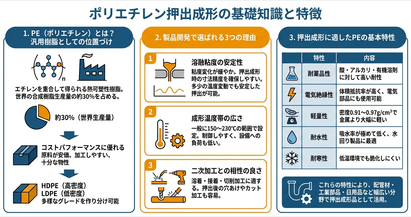 PE押出成形とは?HDPE・LDPEの選び方 - ポリエチレン押出成形の基礎知識と特徴のインフォグラフィック