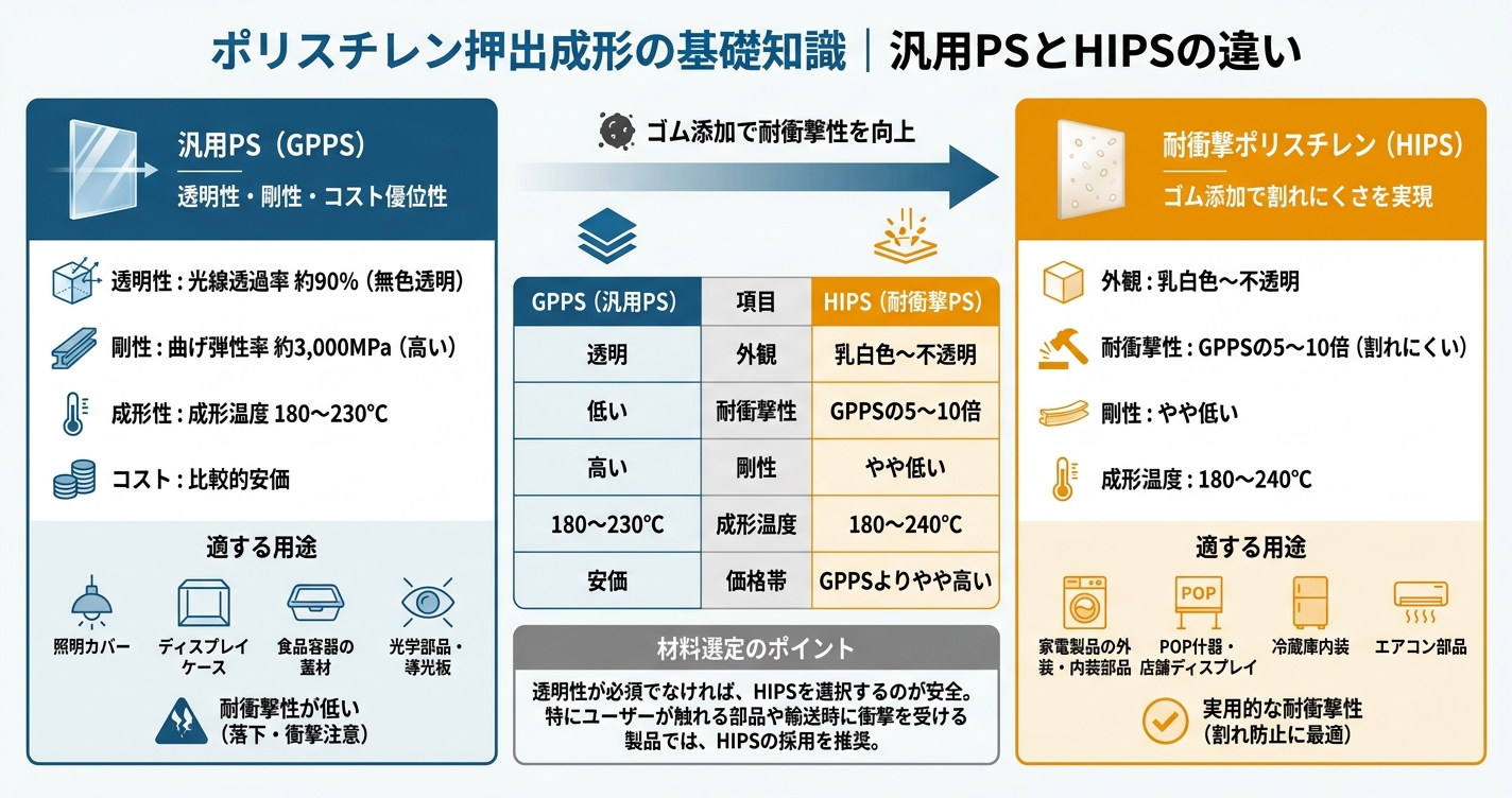 PS押出成形とは？汎用・耐衝撃HIPSの特性と設計ポイント - ポリスチレン押出成形の基礎知識｜汎用PSとHIPSの違いのインフォグラフィック