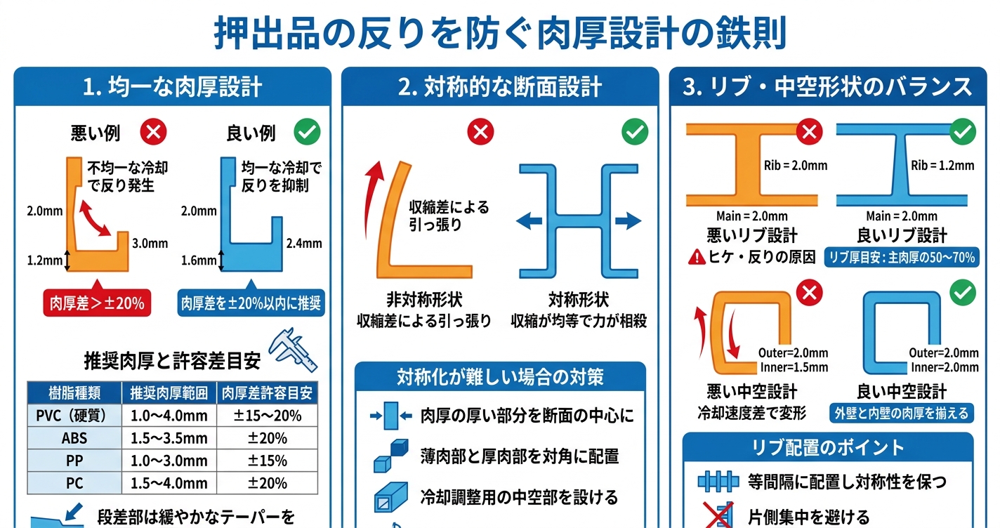 押出成形の形状設計のコツ：反りにくい断面設計 - 押出品の反りを防ぐ肉厚設計の鉄則のインフォグラフィック
