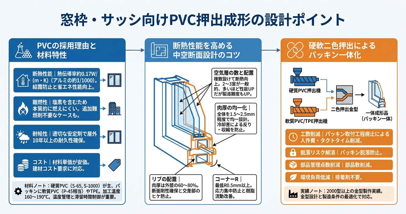 建材向け押出成形|窓枠・サッシ設計の要点 - 窓枠・サッシ向けPVC押出成形の設計ポイントのインフォグラフィック
