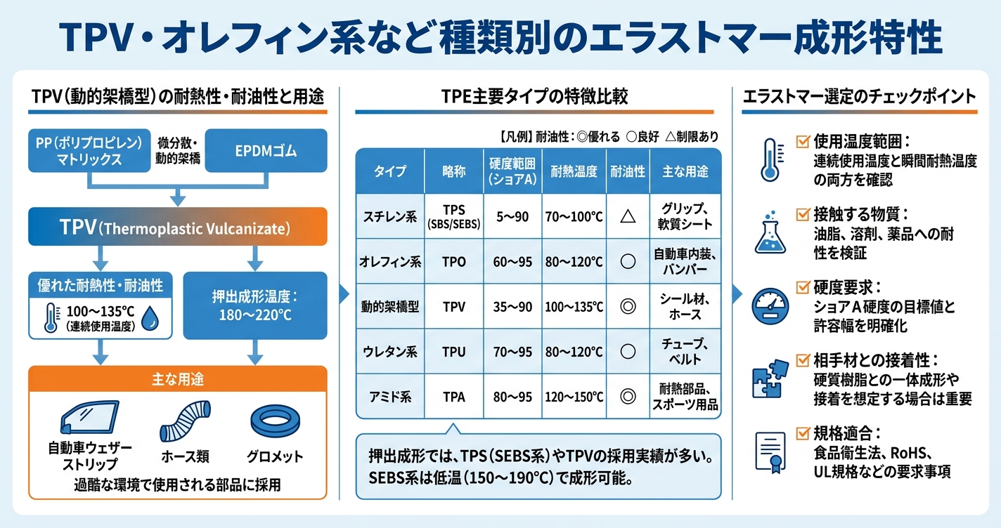 TPE押出成形とは?特性と設計ポイント - TPV・オレフィン系など種類別のエラストマー成形特性のインフォグラフィック
