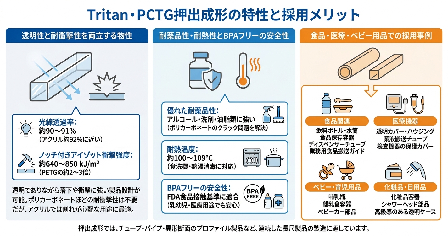 コポリエステル押出成形とは?Tritan・PCTGの特性と加工注意点 - Tritan・PCTG押出成形の特性と採用メリットのインフォグラフィック