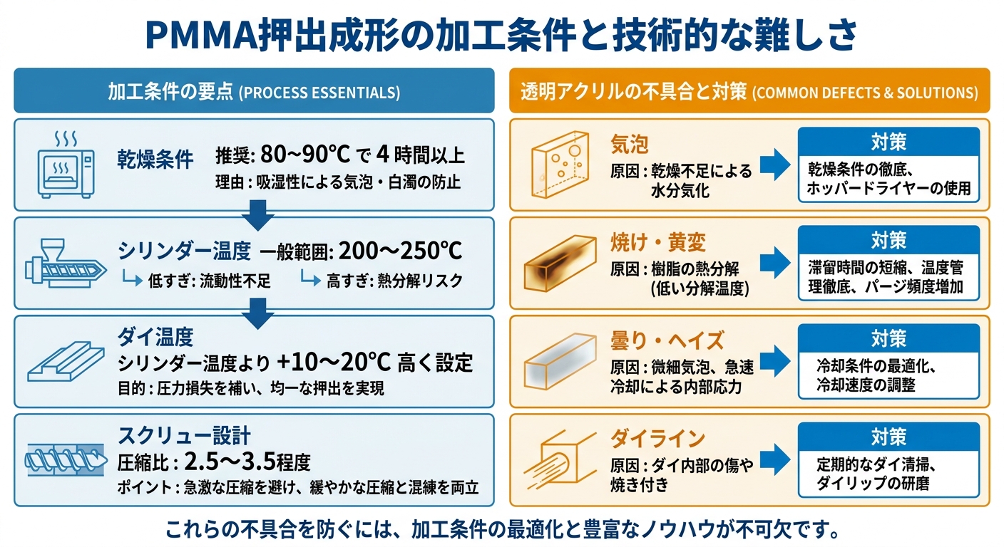 アクリル押出成形とは？透明樹脂PMMAの特性と加工ポイント - PMMA押出成形の加工条件と技術的な難しさのインフォグラフィック