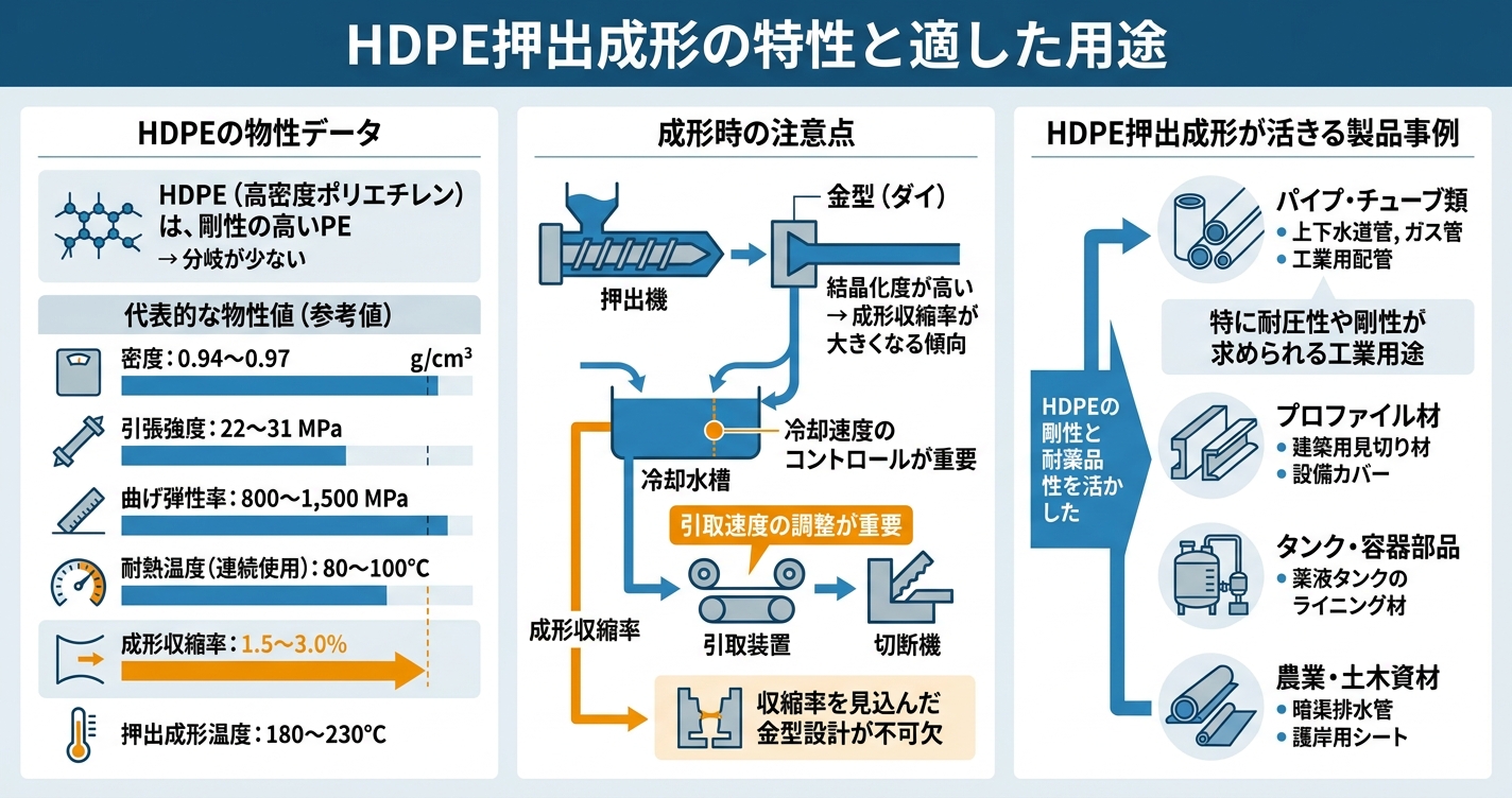 PE押出成形とは?HDPE・LDPEの選び方 - HDPE押出成形の特性と適した用途のインフォグラフィック
