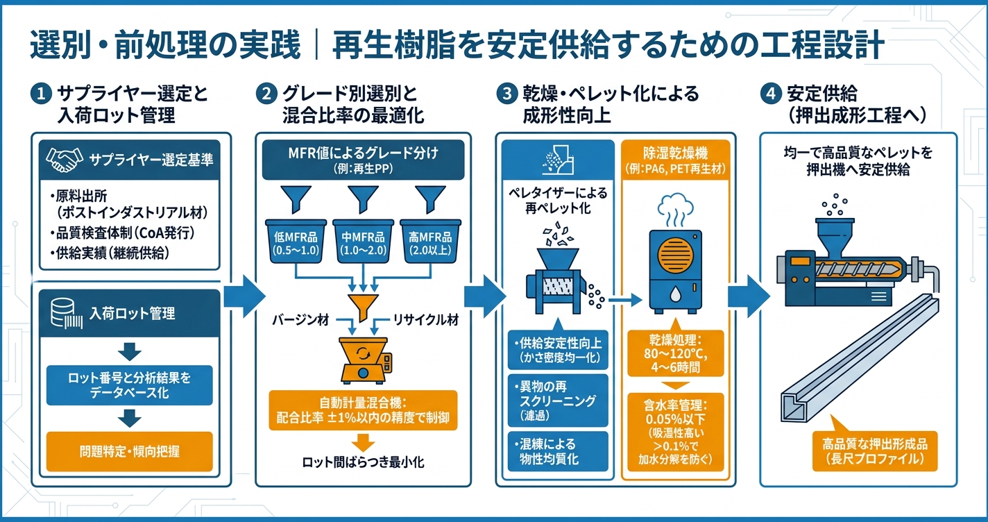 リサイクル樹脂×押出成形で品質を担保する技術 - 選別・前処理の実践|再生樹脂を安定供給するための工程設計のインフォグラフィック