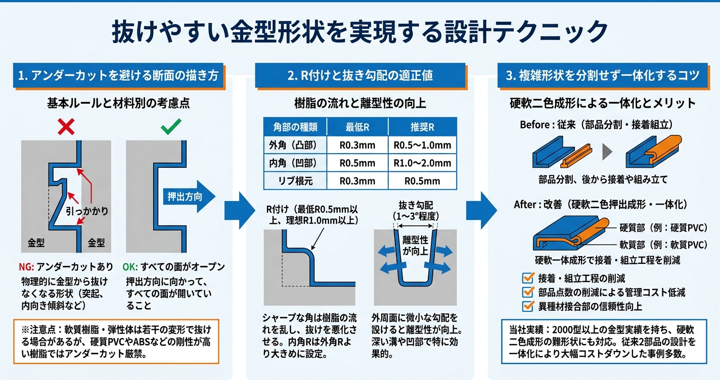 押出成形の形状設計のコツ：反りにくい断面設計 - 抜けやすい金型形状を実現する設計テクニックのインフォグラフィック
