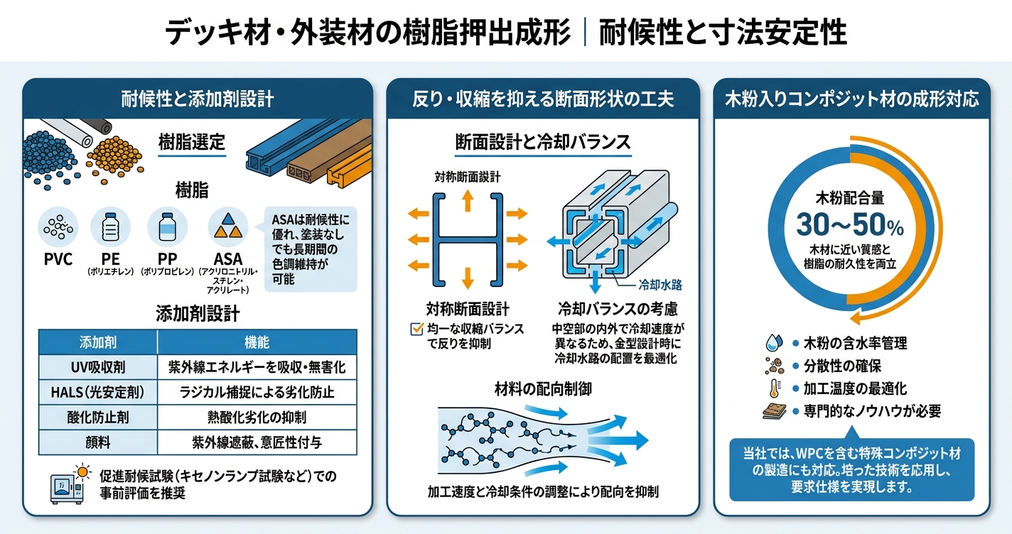 建材向け押出成形|窓枠・サッシ設計の要点 - デッキ材・外装材の樹脂押出成形|耐候性と寸法安定性のインフォグラフィック