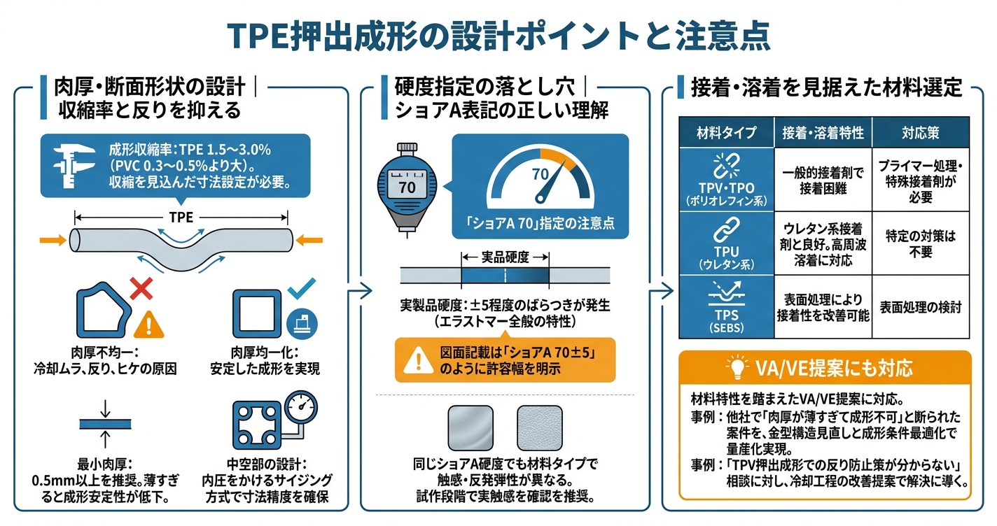 TPE押出成形とは?特性と設計ポイント - TPE押出成形の設計ポイントと注意点のインフォグラフィック