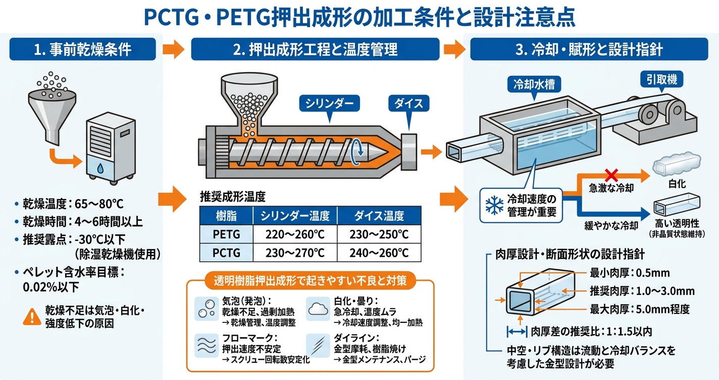 コポリエステル押出成形とは?Tritan・PCTGの特性と加工注意点 - PCTG・PETG押出成形の加工条件と設計注意点のインフォグラフィック