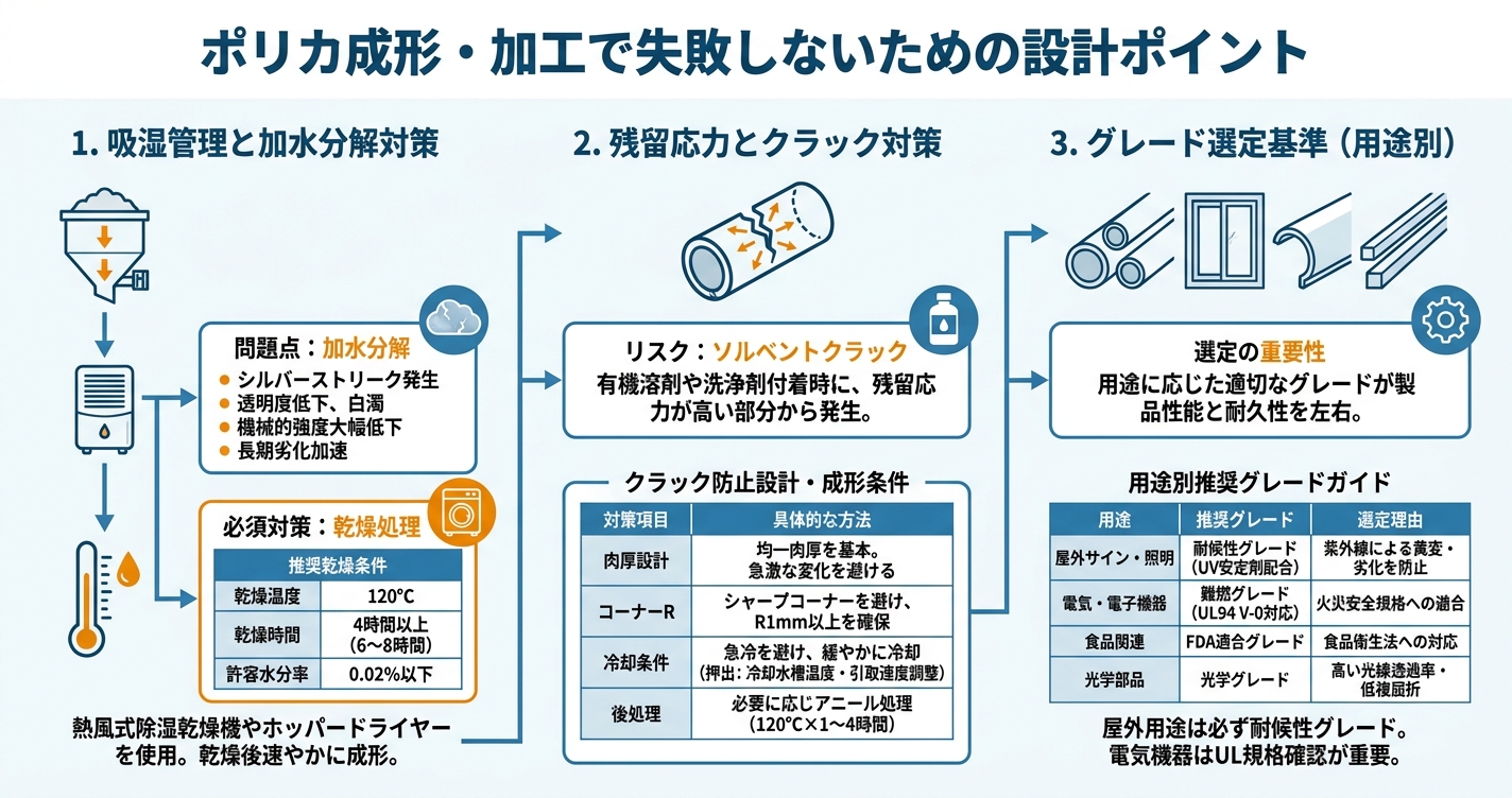 PC押出成形とは？高透明・高耐衝撃材料の特性と設計ポイント - ポリカ成形・加工で失敗しないための設計ポイントのインフォグラフィック