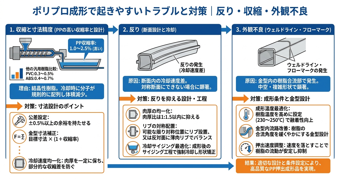 PP押出成形とは?軽量・耐薬品性の特性を解説 - ポリプロ成形で起きやすいトラブルと対策|反り・収縮・外観不良のインフォグラフィック