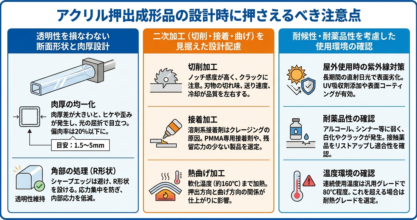 アクリル押出成形とは？透明樹脂PMMAの特性と加工ポイント - アクリル押出成形品の設計時に押さえるべき注意点のインフォグラフィック