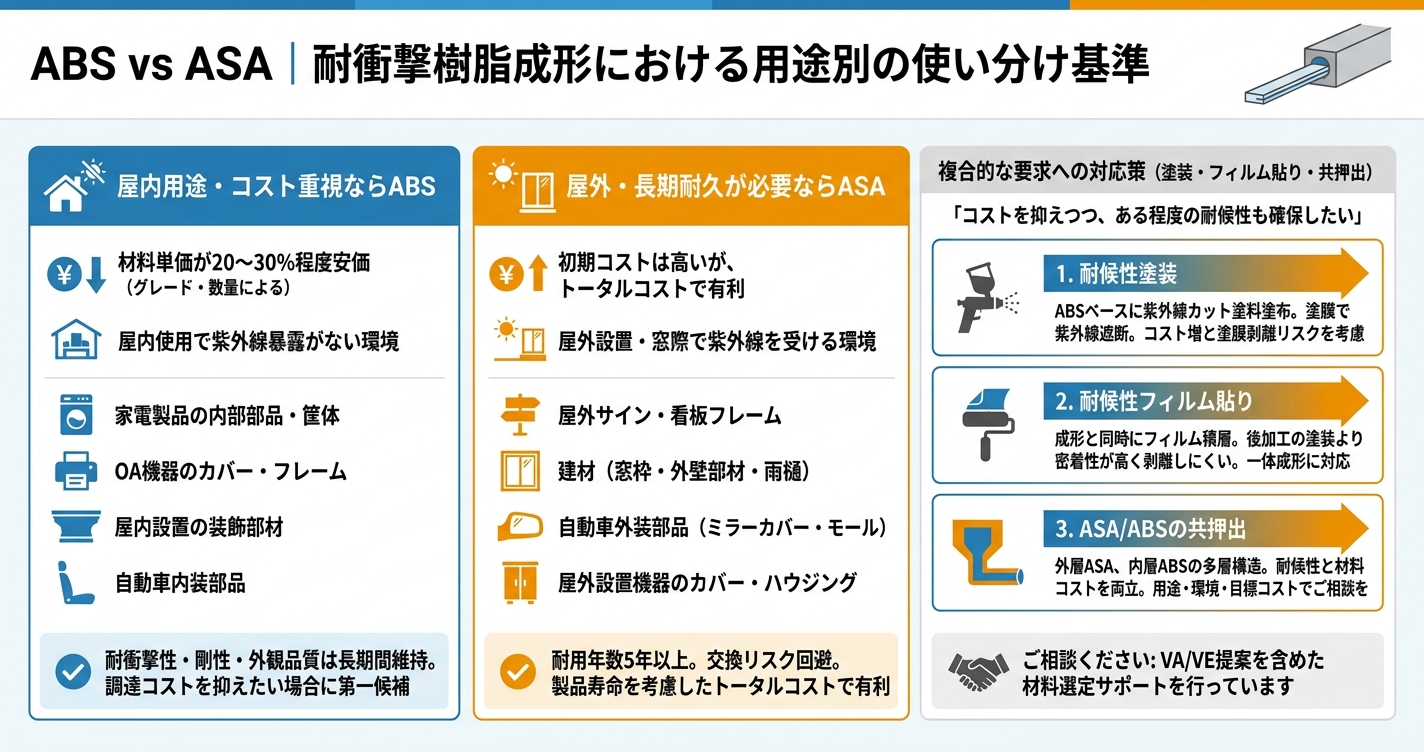 ABS・ASA押出成形とは？耐衝撃・耐候性材料の特性と使い分け - ABS vs ASA｜耐衝撃樹脂成形における用途別の使い分け基準のインフォグラフィック