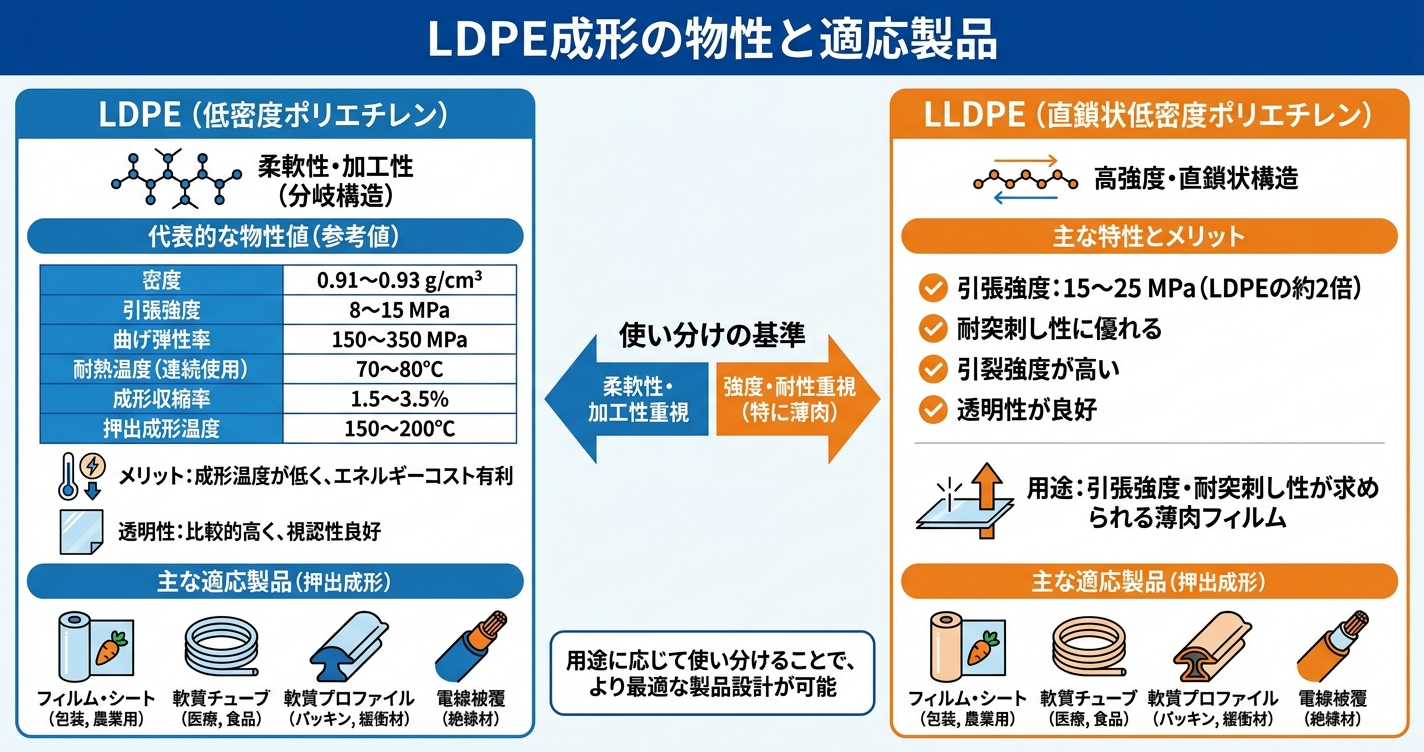 PE押出成形とは?HDPE・LDPEの選び方 - LDPE成形の物性と適応製品のインフォグラフィック