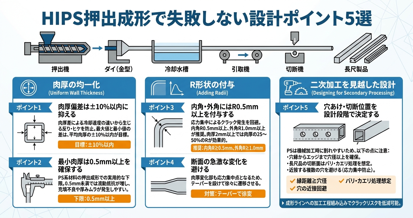 PS押出成形とは？汎用・耐衝撃HIPSの特性と設計ポイント - HIPS押出成形で失敗しない設計ポイント5選のインフォグラフィック