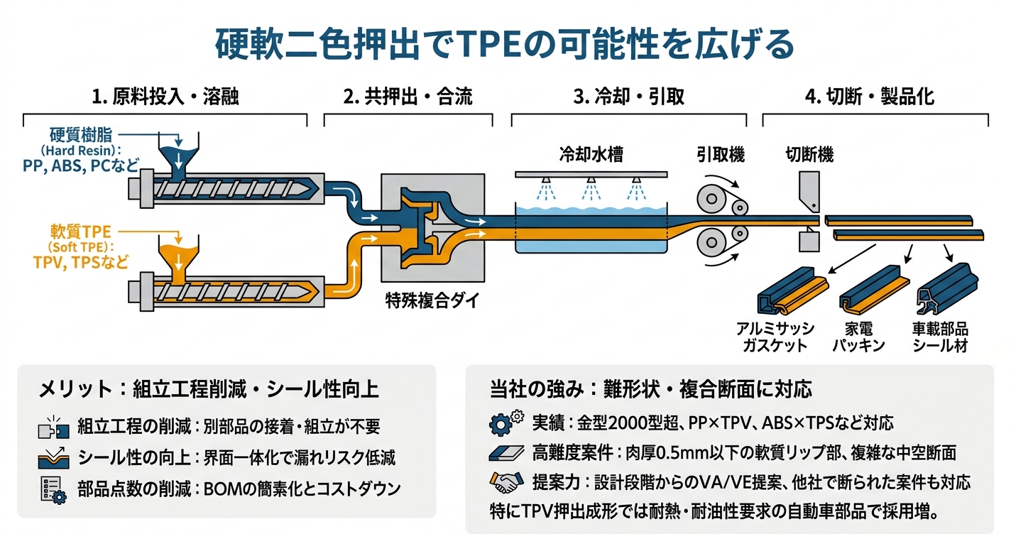 TPE押出成形とは?特性と設計ポイント - 硬軟二色押出でTPEの可能性を広げるのインフォグラフィック