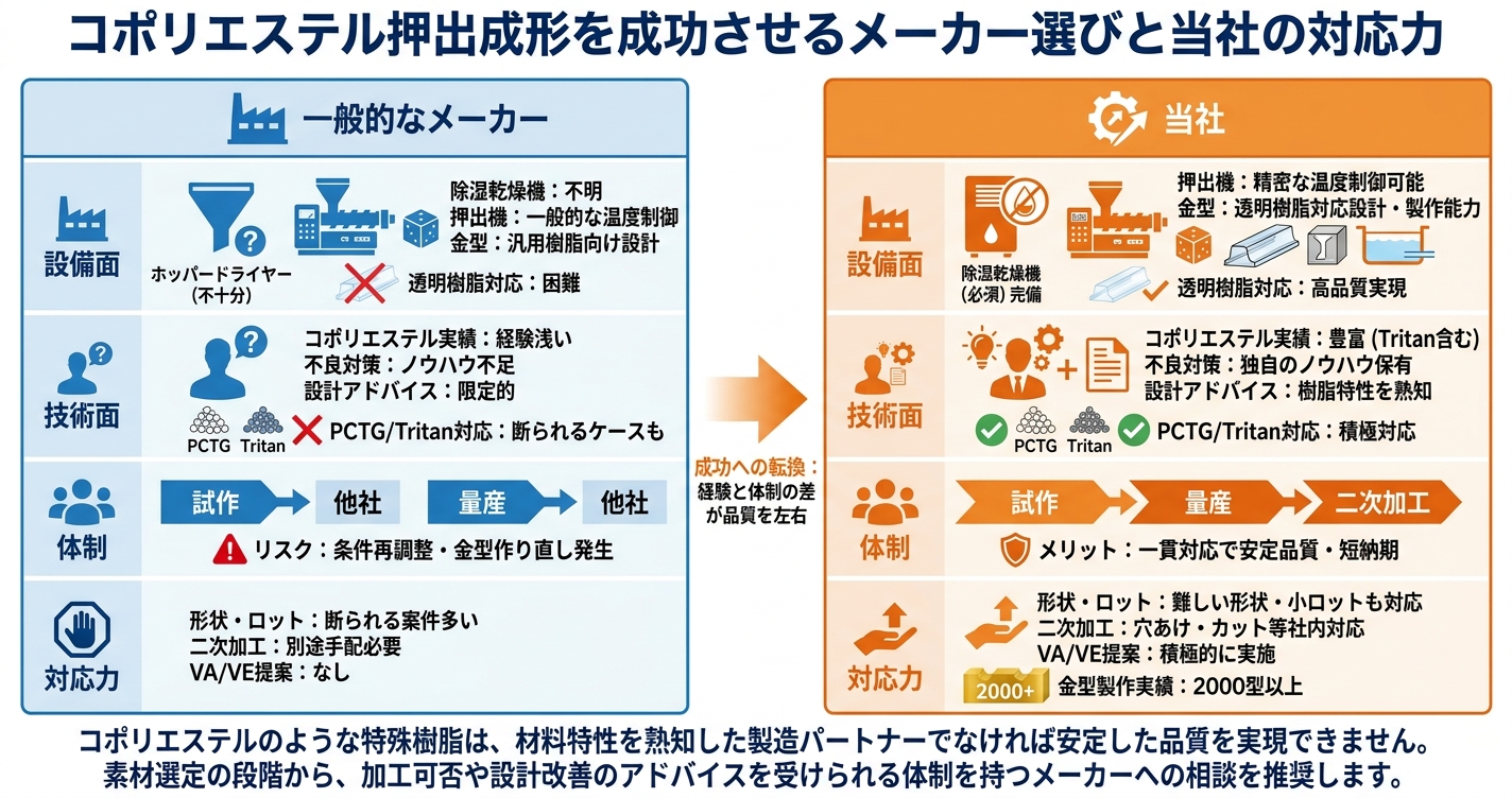 コポリエステル押出成形とは?Tritan・PCTGの特性と加工注意点 - コポリエステル押出成形を成功させるメーカー選びと当社の対応力のインフォグラフィック