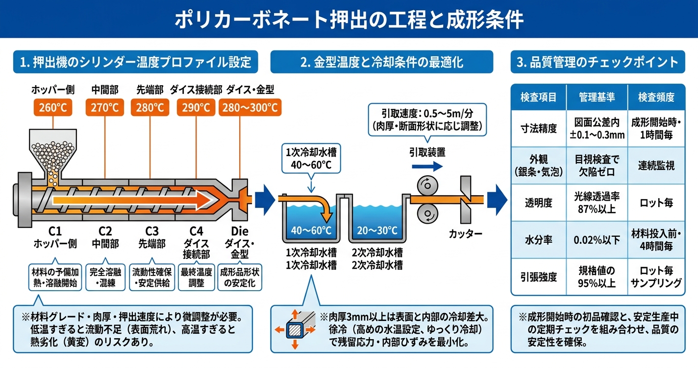 PC押出成形とは？高透明・高耐衝撃材料の特性と設計ポイント - ポリカーボネート押出の工程と成形条件のインフォグラフィック