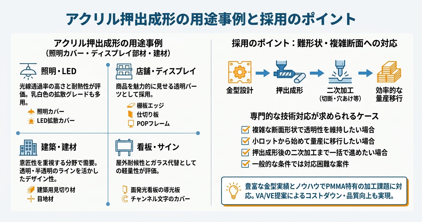 アクリル押出成形とは？透明樹脂PMMAの特性と加工ポイント - アクリル押出成形の用途事例と採用のポイントのインフォグラフィック